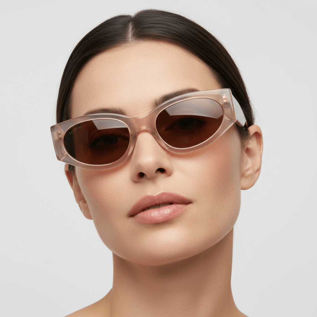 la vista frontal de una mujer de cara ovalada con pelo liso tomado de color castaño usando unos anteojos de sol polarizados Bonoboss sustentables ecologicos en acetato reciclado de color carey jaspeado y lentes de color café #color_carey