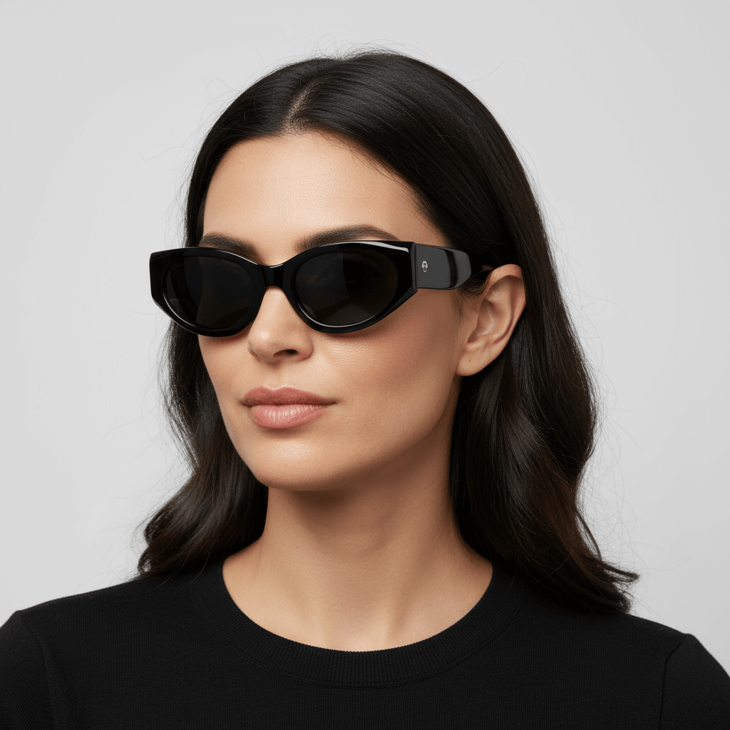 la vista frontal de una mujer de cara ovalada con pelo liso tomado de color castaño usando unos anteojos de sol polarizados Bonoboss sustentables ecologicos en acetato reciclado de color carey jaspeado y lentes de color café #color_carey