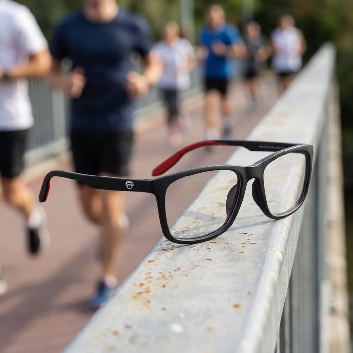 Lentes ópticos deportivos Bonoboss Phelps Rojo baranda corredores #editorial_sustentabilidad #color_rojo