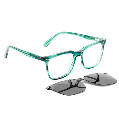 armazones marcos opticos de color verde con clip de sol polarizado mica magnetica opticos con receta para hombre y mujer ecologico sustentable plastico reciclado