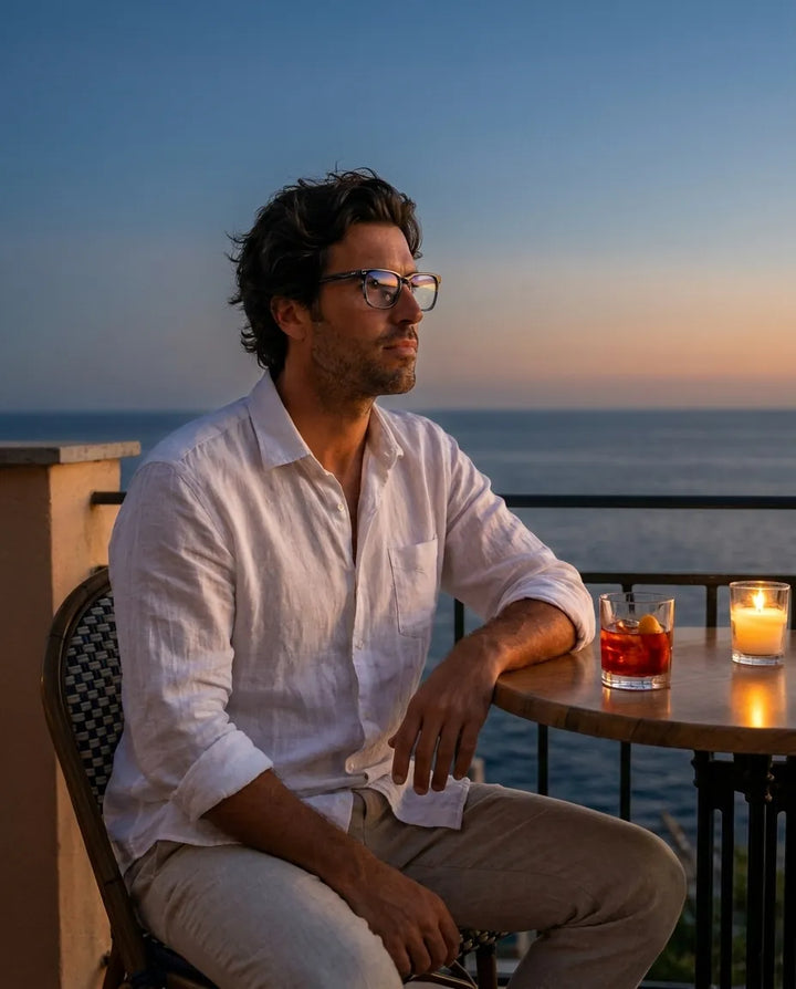 Bonoboss Selknam Clip Sol Azul - modelo aperitivo atardecer terraza blue hour #editorial_lifestyle2 #color_azul