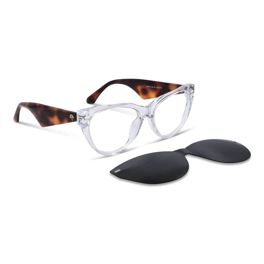 anteojos gafas opticas lentes armazones clip sol polarizado plastico acetato sustentable reciclado con receta moda hombre mujer vista angulada marcos opticos para mujer de cara redonda grande con clip de sol polarizado #color_transparente-carey