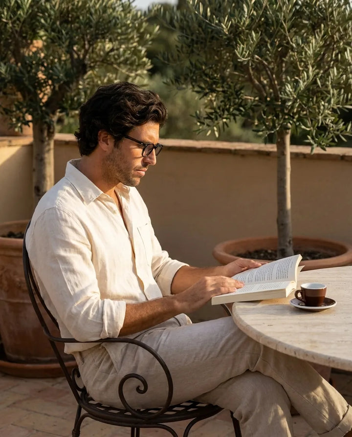 Bonoboss Jhonny Deep Clip Sol Negro - modelo terraza lectura libro espresso golden hour #editorial_lifestyle2 #color_negro