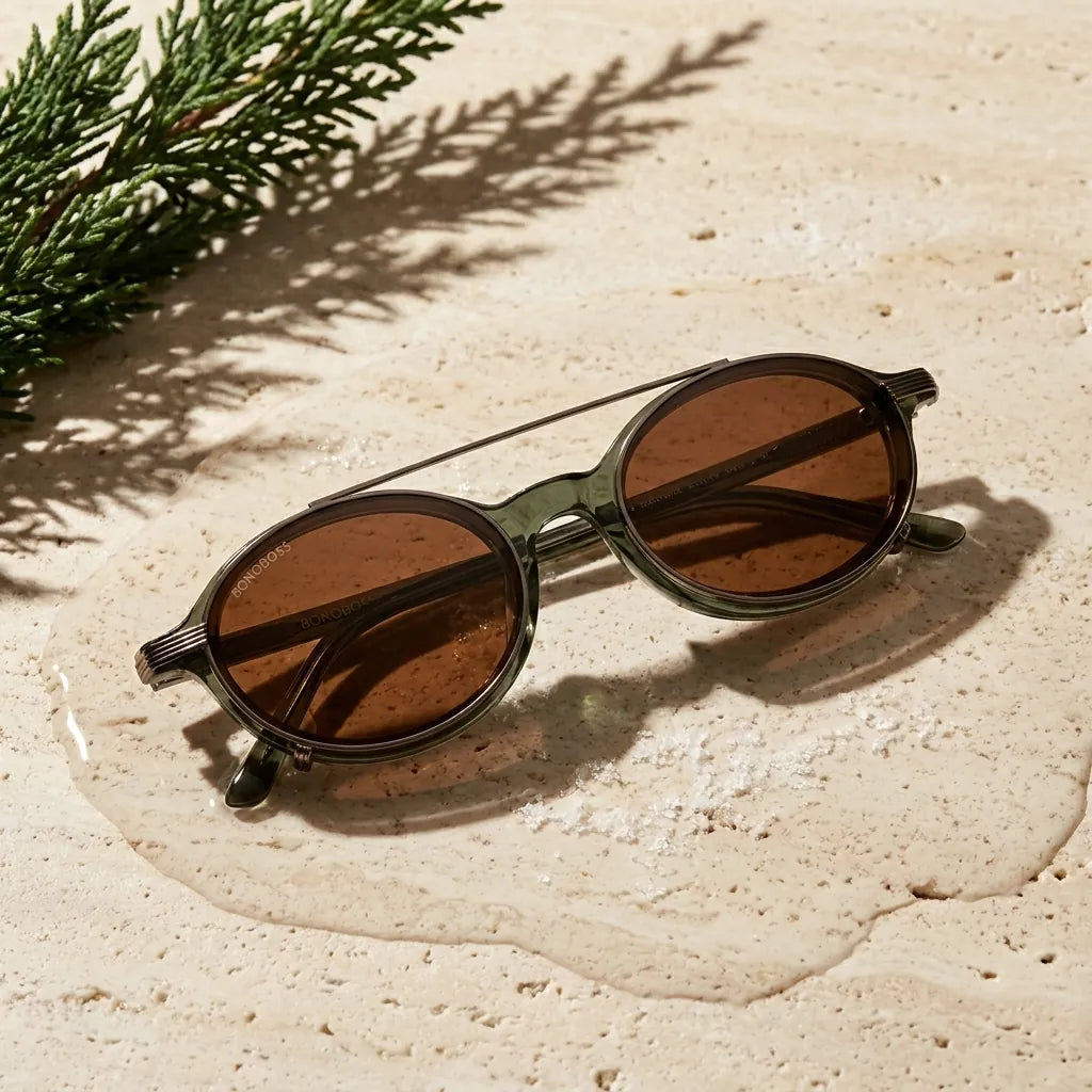 Bonoboss Capri Clip Sol Verde - bio-acetato sobre travertino natural con agua #editorial_sustentabilidad #color_verde