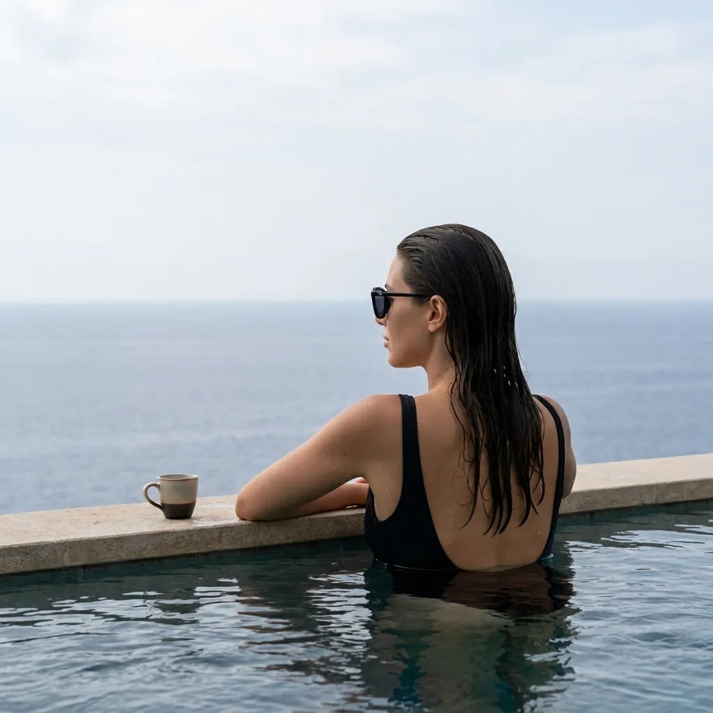 Bonoboss Frutillar Clip Sol Negro - modelo borde piscina atardecer mediterraneo golden hour #editorial_lifestyle3 #color_negro