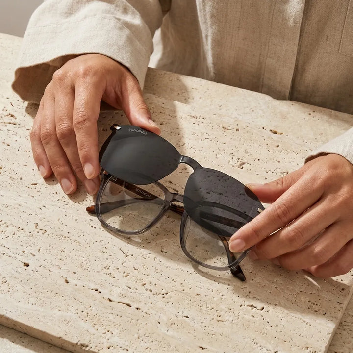 Bonoboss Frutillar Clip Sol Transparente - detalle armazon clip-on still life close-up #editorial_armazon #color_transparente