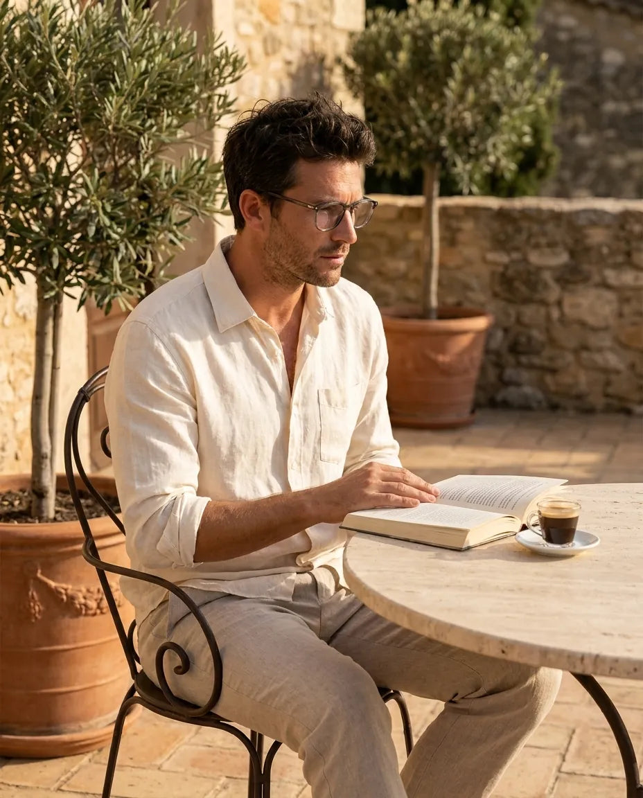 Bonoboss Frutillar Clip Sol Transparente - modelo terraza lectura libro espresso golden hour #editorial_lifestyle2 #color_transparente