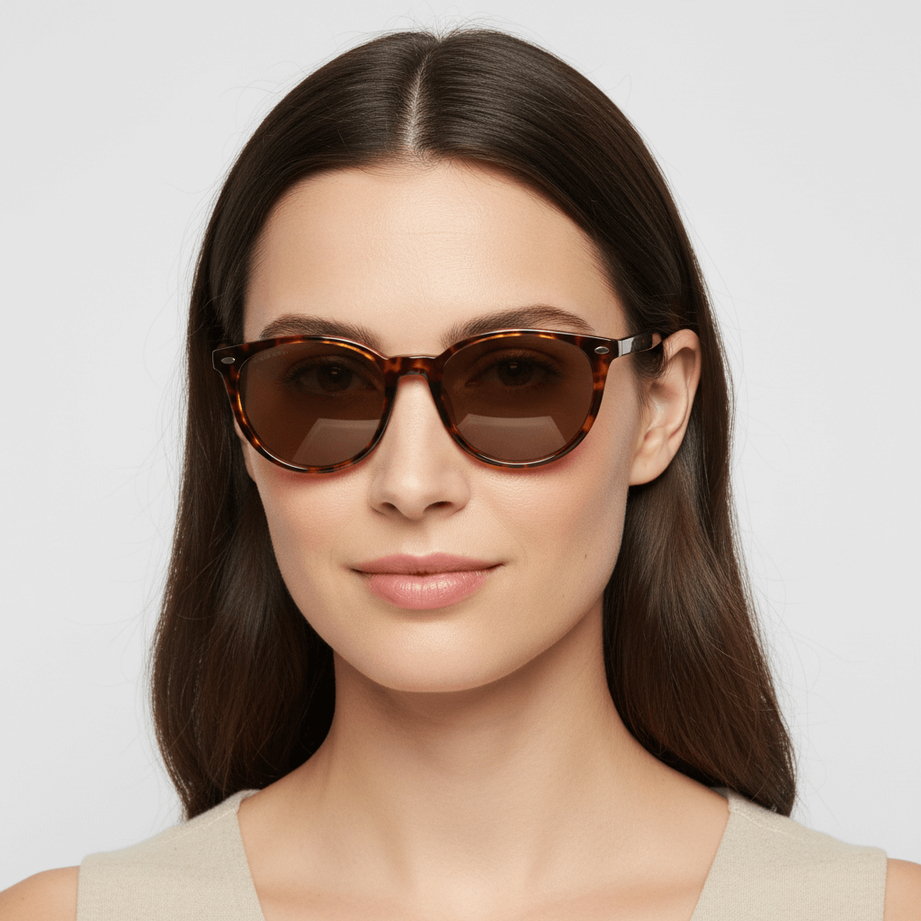 la vista frontal de unas mujer usando gafas anteojos de sol polarizados de color carey con lentes de color cafe . Estos lentes quedan bien en mujeres y hombres de cara redonda #color_carey