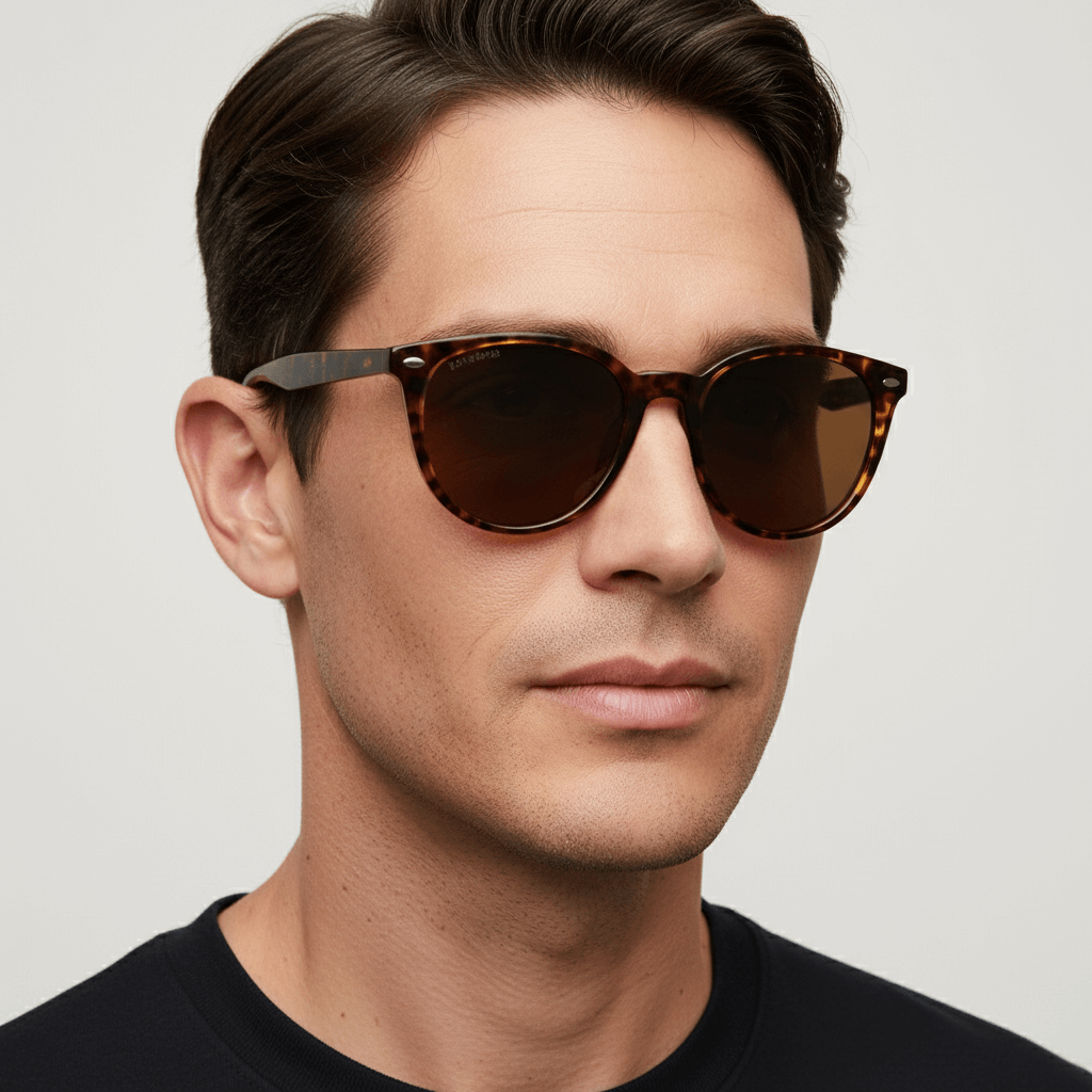la vista frontal de un homre usando gafas anteojos de sol polarizados de color carey con lentes de color cafe . Estos lentes quedan bien en mujeres y hombres de cara redonda #color_carey