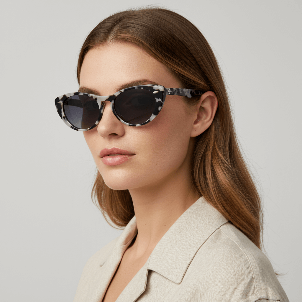 la vista lateral de una mujer con el pelo suelto color castaño claro usando anteojos de sol polarizados de color tipo marmoleado bonoboss en acetato sustentable #color_marble