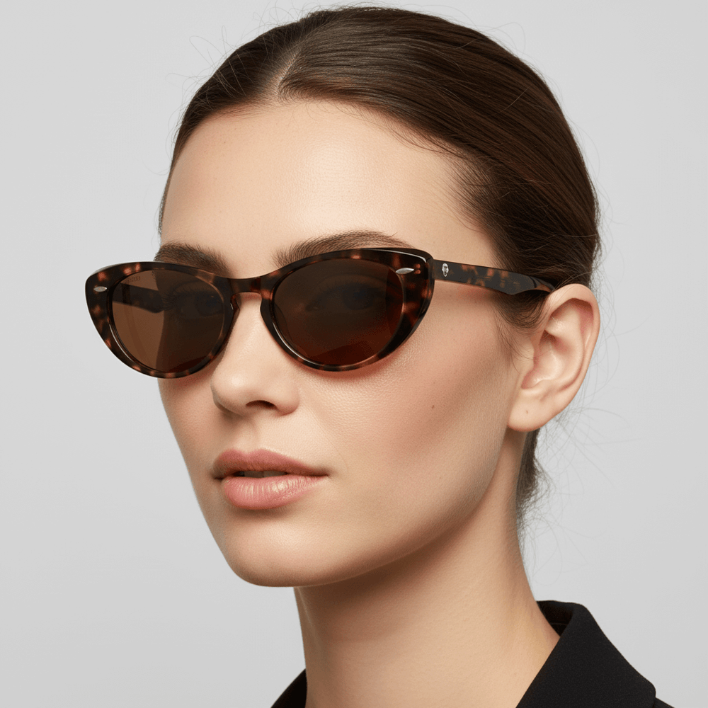 la vista frontal de una mujer con el pelo suelto color castaño claro usando anteojos de sol polarizados de color tipo marmoleado bonoboss en acetato sustentable #color_marble