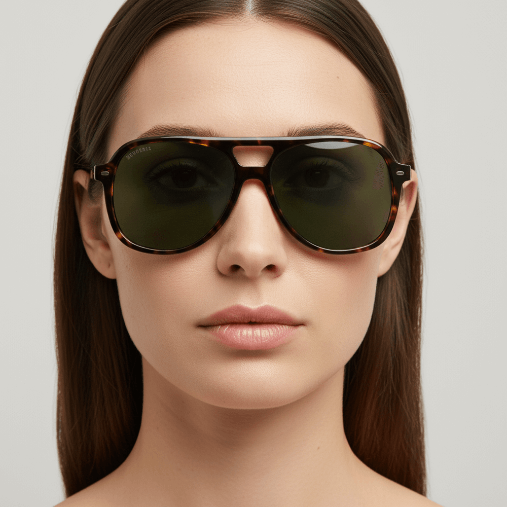 la vista frontal de una mujer de cara ovalada y pelo liso suelto usando unos anteojos de sol bonoboss oversized de color carey con lentes verdes g15 forma aviador clasica de moda para hombre y mujer #color_carey