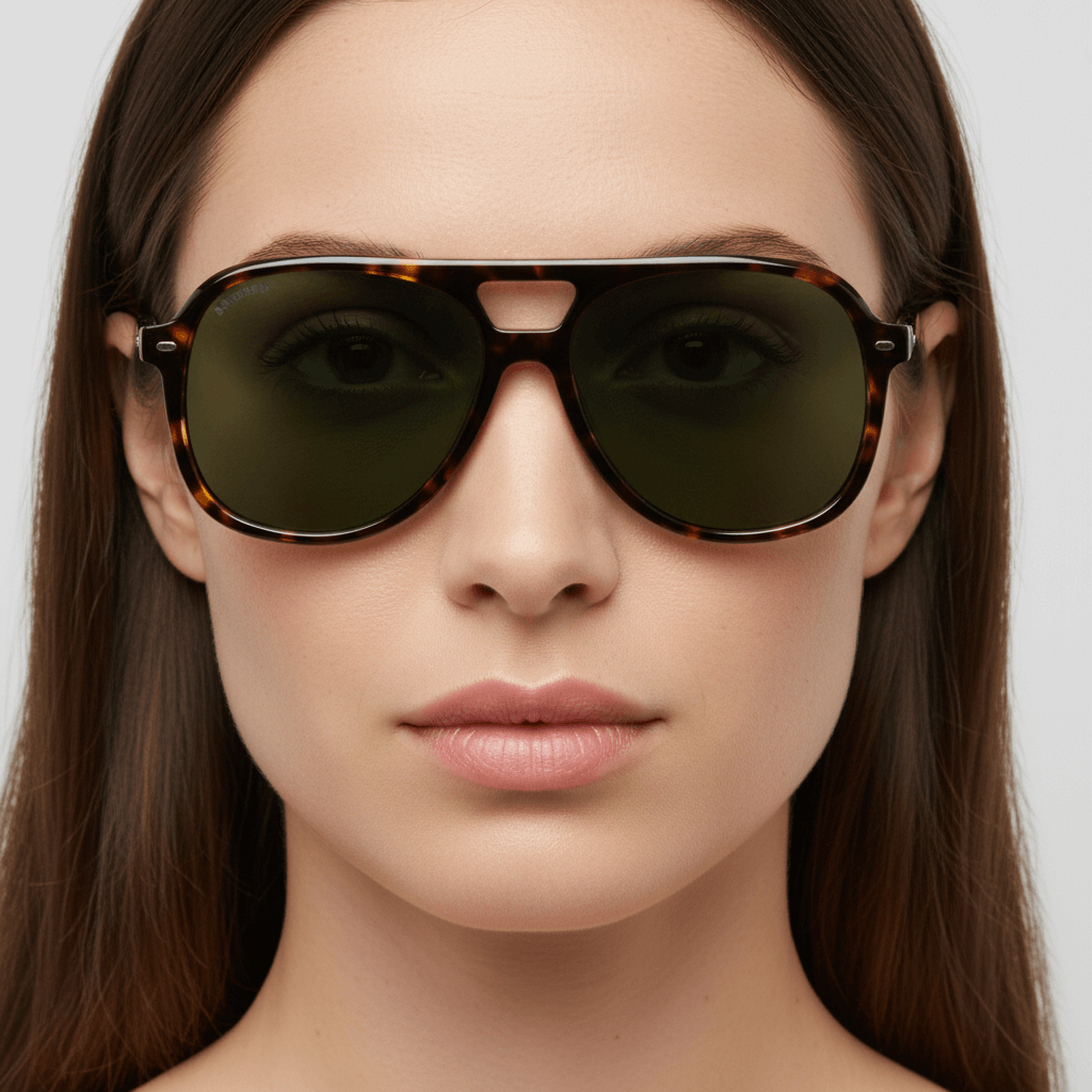 la vista frontal de una mujer de cara ovalada y pelo liso suelto usando unos anteojos de sol bonoboss oversized de color carey con lentes verdes g15 forma aviador clasica de moda para hombre y mujer #color_carey
