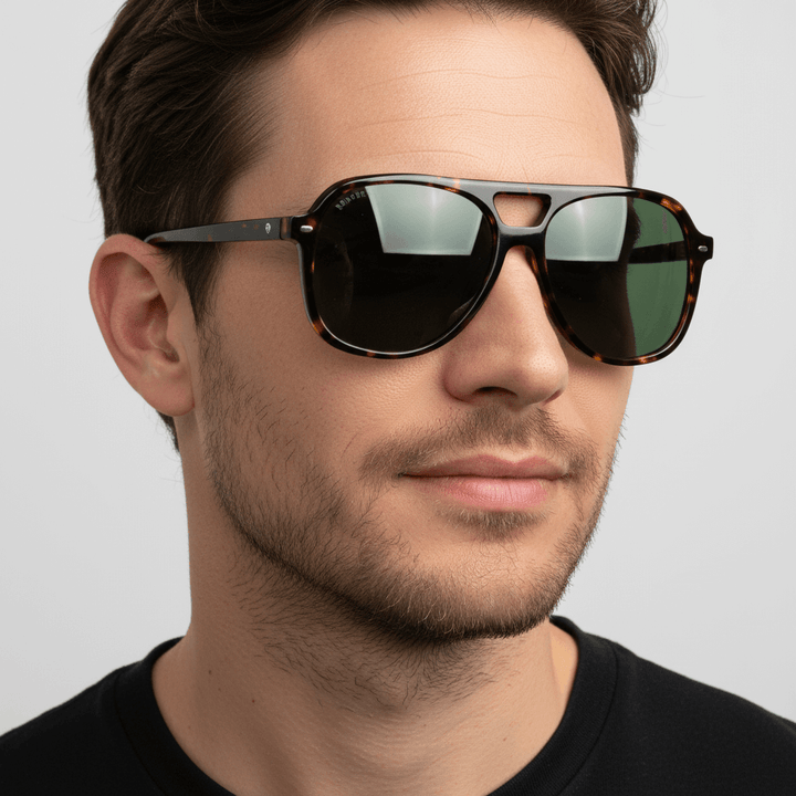la vista frontal de un hombre de cara ovalada y barba sutil usando unos anteojos de sol bonoboss oversized de color carey con lentes verdes g15 forma aviador clasica de moda para hombre y mujer #color_carey