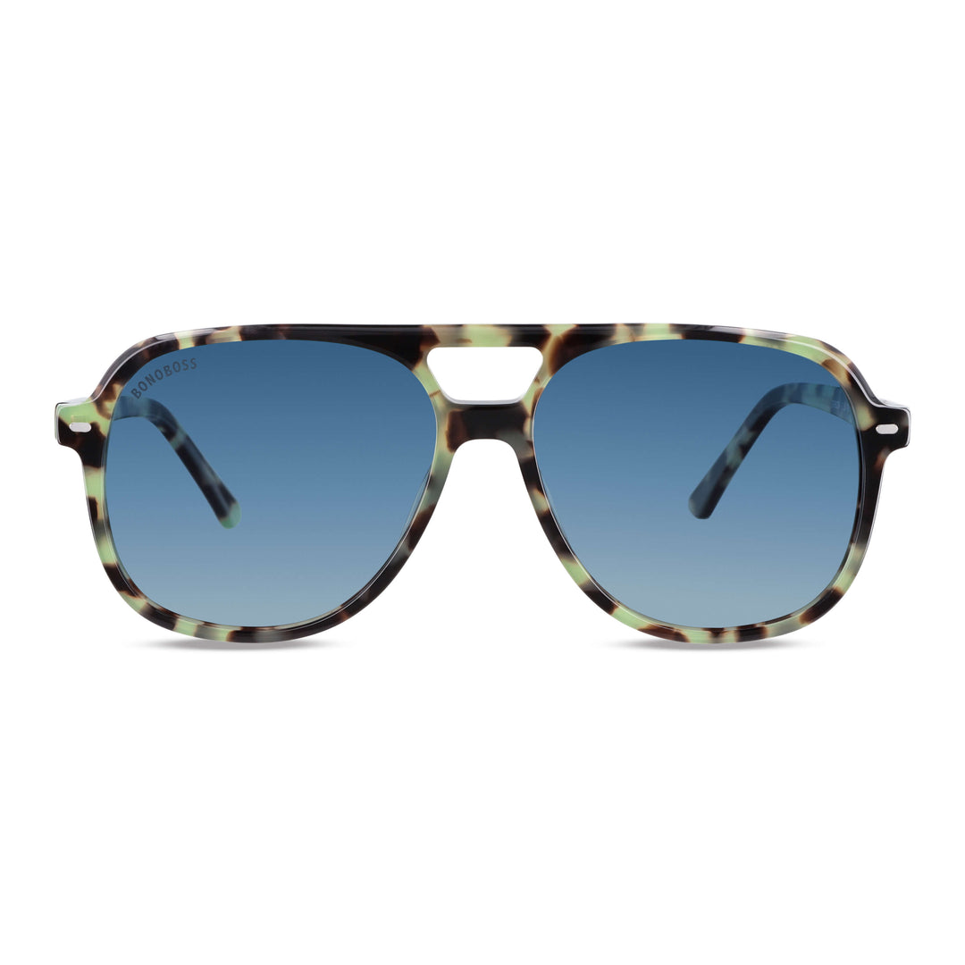 vista frontal de unos anteojos de sol oversized de color carey con lentes verdes g15 forma aviador clasica de moda para hombre y mujer #color_carey