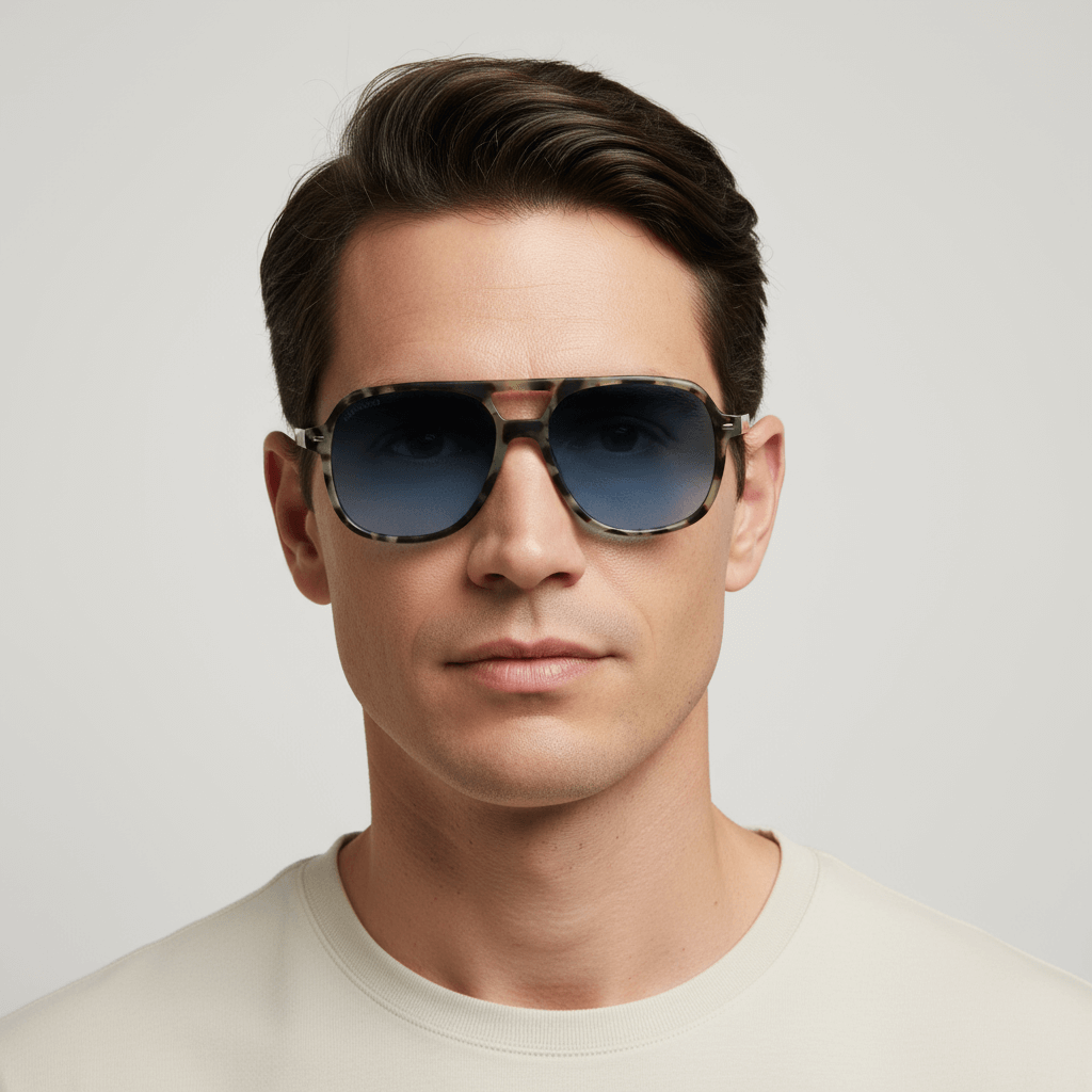 la vista frontal de un hombre de cara ovalada y barba sutil usando unos anteojos de sol bonoboss oversized de color carey con lentes verdes g15 forma aviador clasica de moda para hombre y mujer #color_carey
