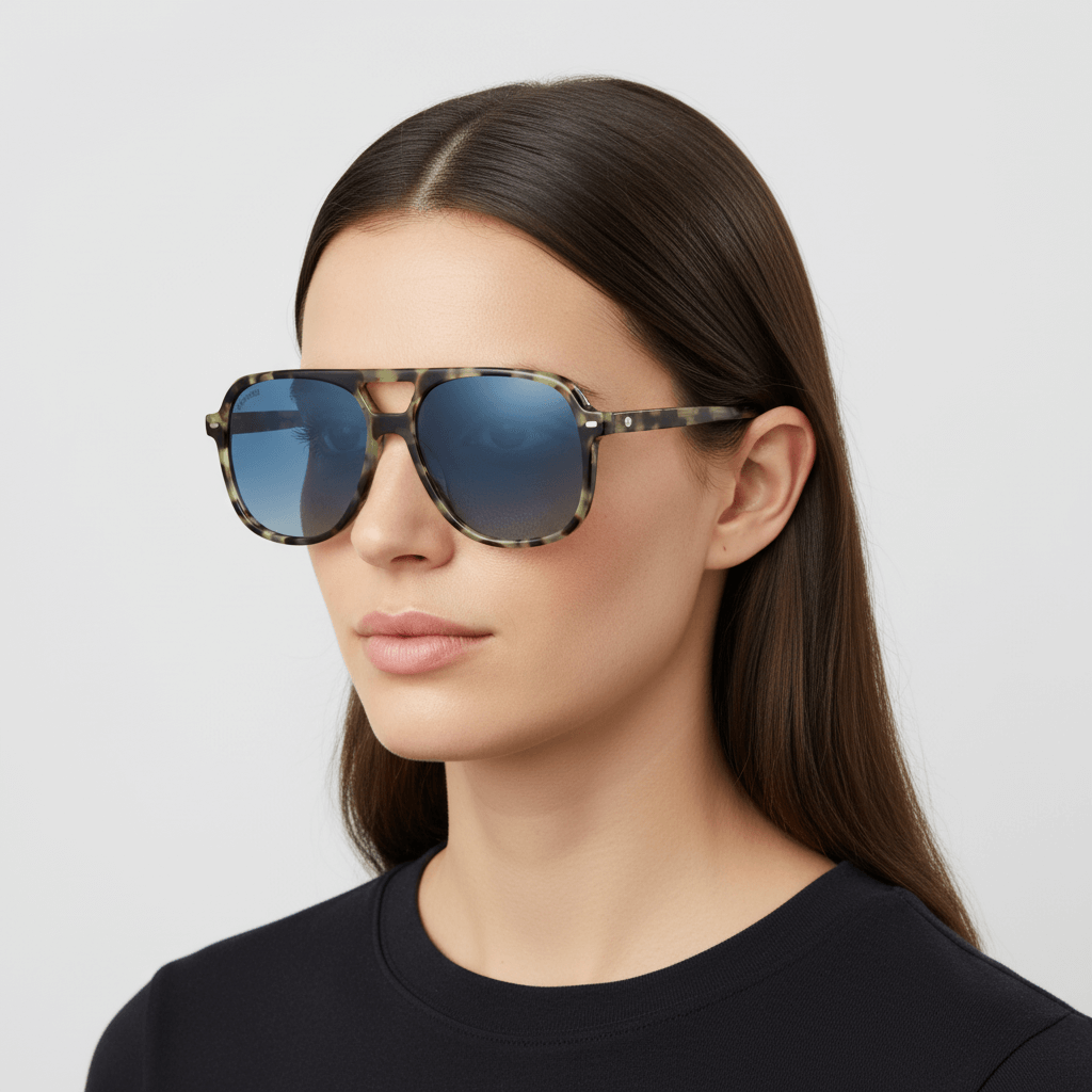 la vista lateral de una mujer con cara ovalada y pelo liso suelto usando unos anteojos de sol bonoboss oversized de color carey verde militar con lentes degrade azul forma aviador clasica de moda para hombre y mujer #color_verde
