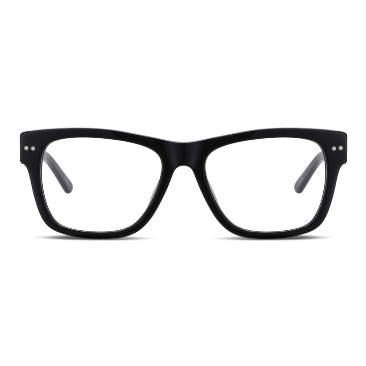 vista frontal de unos anteojos o armazones ópticos de moda de color negros y forma cuadrados gruesos para hombre hombre mujer cara redonda opticos multifocales bifocales receta mayorista distribuidor sustentables#color_negro