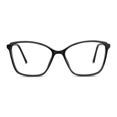 anteojos opticos para mujer de cara redonda grande con acetato de color negro vista frontal. Distribuidor mayorista de opticas lentes plastico reciclado