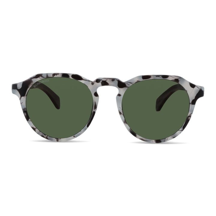 anteojos de sol hexagonales polarizados con patas de madera de hombre y mujer. vista frontal de gafas polarizadas de color gris jaspeado con lentes de color g15 #color-marco_gris