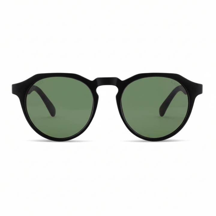 anteojos de sol hexagonales polarizados con patas de madera de hombre y mujer. vista frontal de gafas polarizadas de color negro matte con lentes de color g15 #color-marco_negro