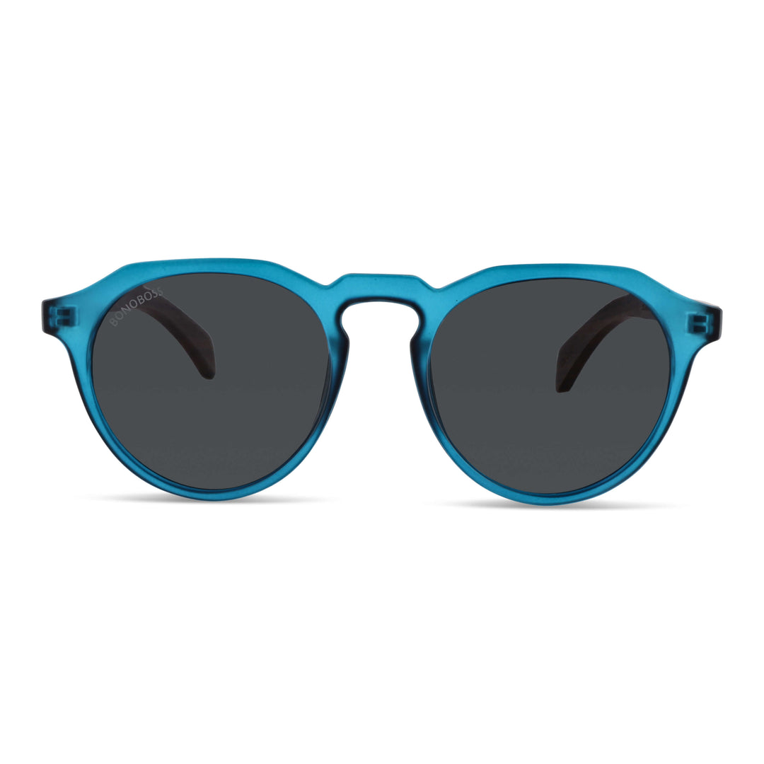 anteojos de sol hexagonales polarizados con patas de madera de hombre y mujer. vista  frontal marco de plastico reciclado  gafas polarizadas de color azul y lentes de color negras polarizadas #color-marco_ocean