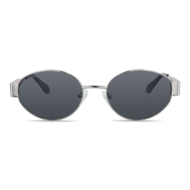 vista frontal de lentes de sol de metal de moda redondos para mujer de color #color_silver