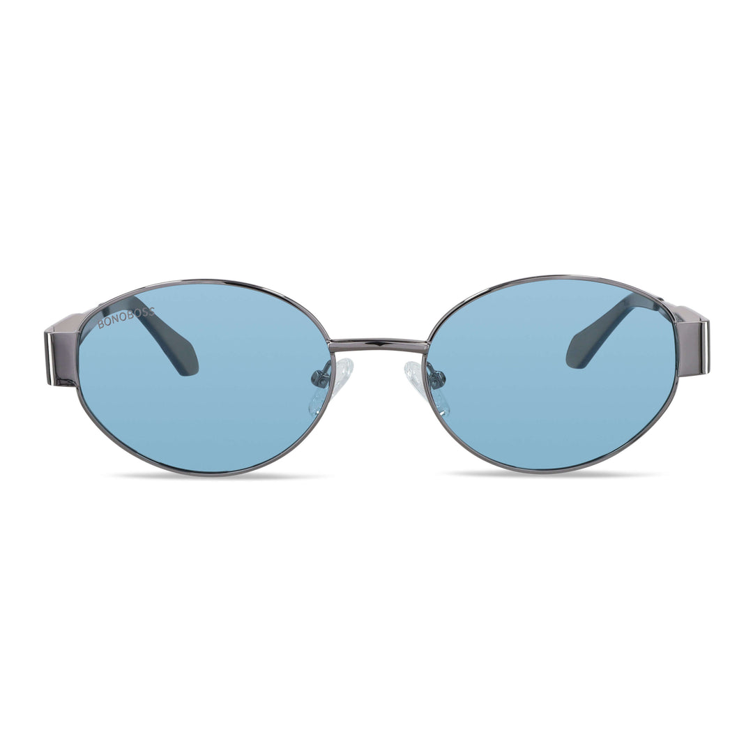 vista frontal de lentes de sol de metal de moda redondos para mujer de color #color_blue