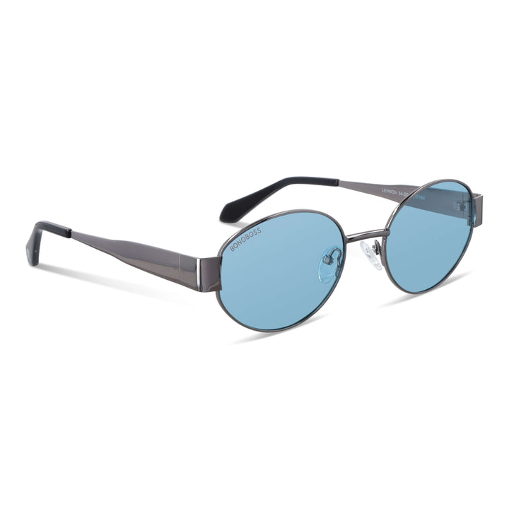 vista lateral de lentes de sol de metal de moda redondos para mujer de color #color_blue