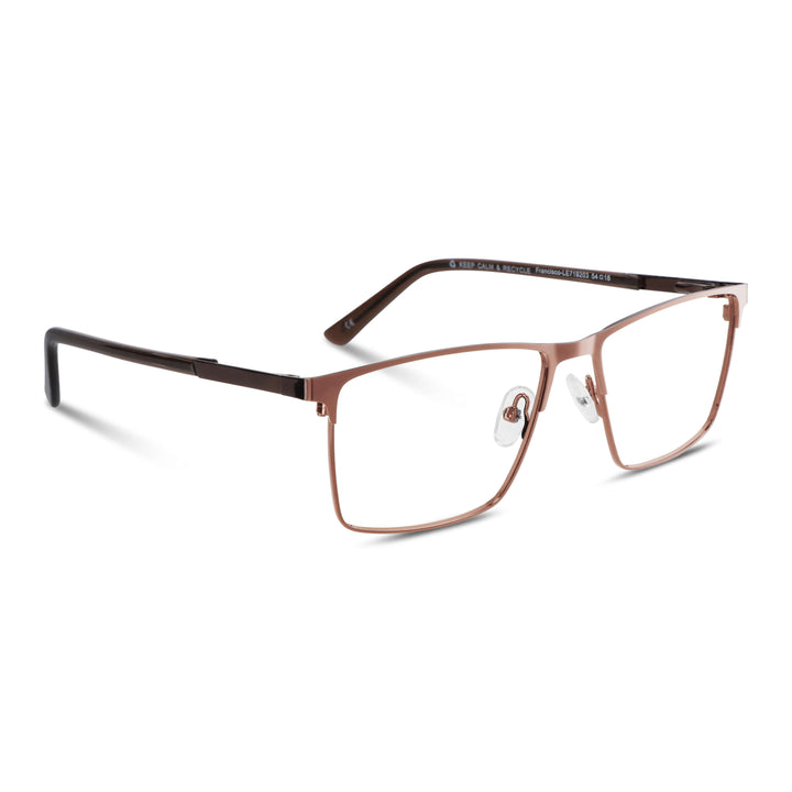 marcos armazones opticos metalicos rectangulares de color café para hombre y mujer de cara redonda grande. Lentes por mayor distribuidora de opticas. Vista lateral#color_brown