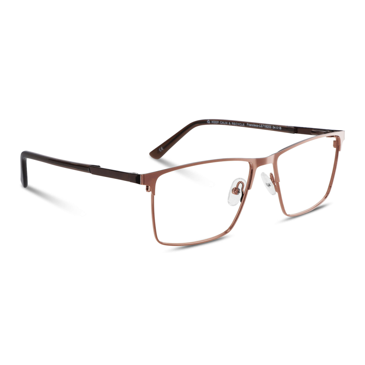 marcos armazones opticos metalicos rectangulares de color café para hombre y mujer de cara redonda grande. Lentes por mayor distribuidora de opticas. Vista lateral