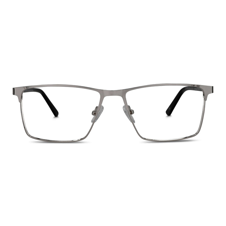 marcos armazones opticos metalicos rectangulares de color plateado para hombre y mujer de cara redonda grande. Lentes por mayor distribuidora de opticas. Vista Frontal#color_plateado