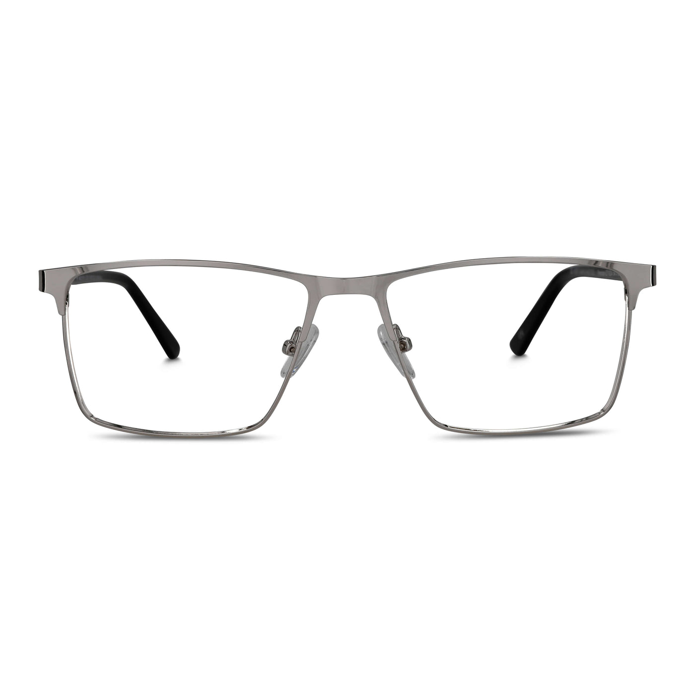marcos armazones opticos metalicos rectangulares de color plateado para hombre y mujer de cara redonda grande. Lentes por mayor distribuidora de opticas. Vista Frontal