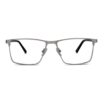 marcos armazones opticos metalicos rectangulares de color plateado para hombre y mujer de cara redonda grande. Lentes por mayor distribuidora de opticas. Vista Frontal