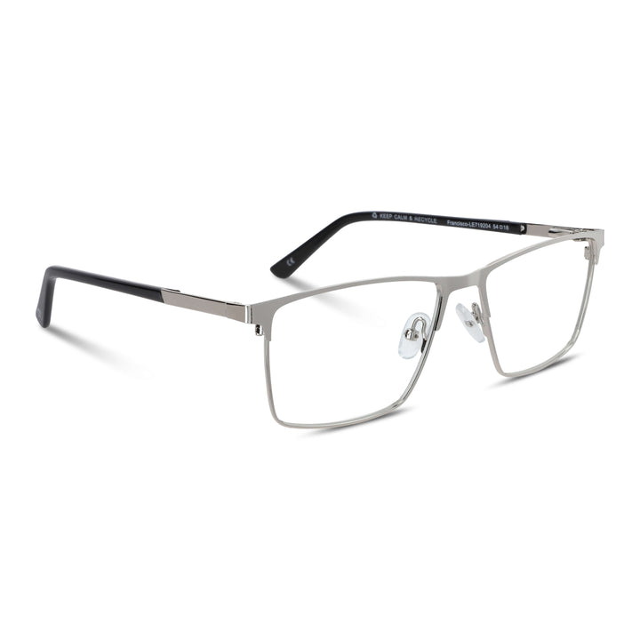marcos armazones opticos metalicos rectangulares de color plateado para hombre y mujer de cara redonda grande. Lentes por mayor distribuidora de opticas. Vista angulada#color_plateado