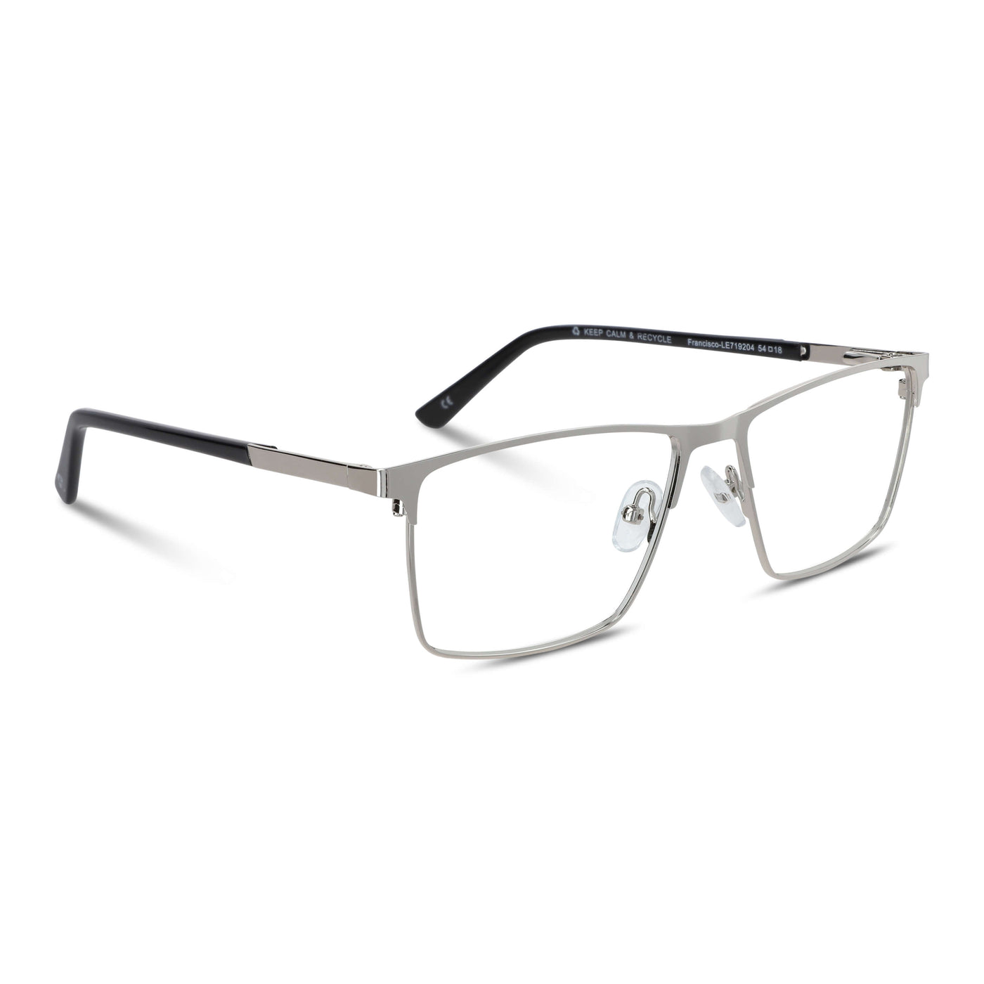marcos armazones opticos metalicos rectangulares de color plateado para hombre y mujer de cara redonda grande. Lentes por mayor distribuidora de opticas. Vista angulada