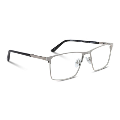 marcos armazones opticos metalicos rectangulares de color plateado para hombre y mujer de cara redonda grande. Lentes por mayor distribuidora de opticas. Vista angulada