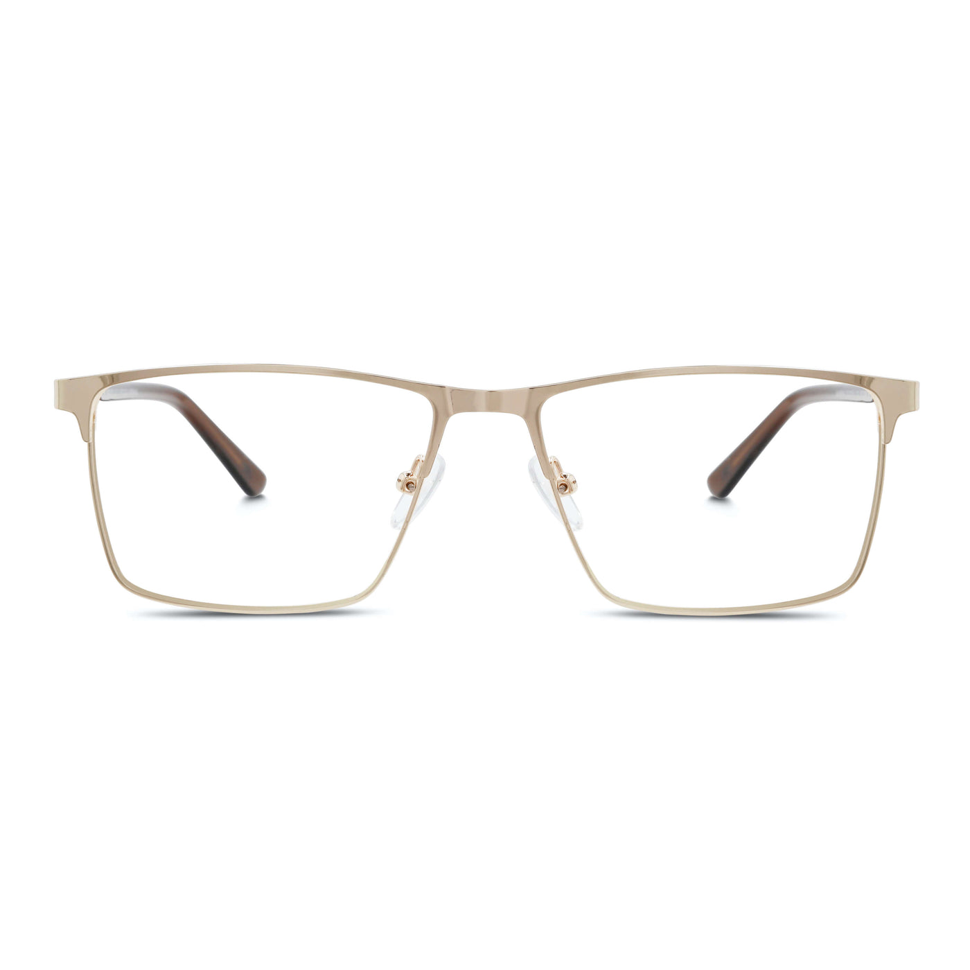marcos armazones opticos metalicos rectangulares de color dorado para hombre y mujer de cara redonda grande. Lentes por mayor distribuidora de opticas. Vista Frontal 