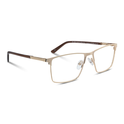 marcos armazones opticos metalicos rectangulares de color dorado para hombre y mujer de cara redonda grande. Lentes por mayor distribuidora de opticas. Vista angulada