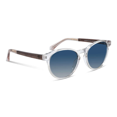 anteojos lentes de sol polarizados para hombre y mujer en material acetato biodegradable sustentable de moda para hombre y mujer forma redonda de color transparente vista lateral #color_degrade-azul