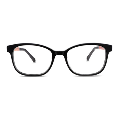 armazones opticos agatados color negro con patas de madera reciclada sustentable para hombre y mujer de cara redonda grande. Vista frontal