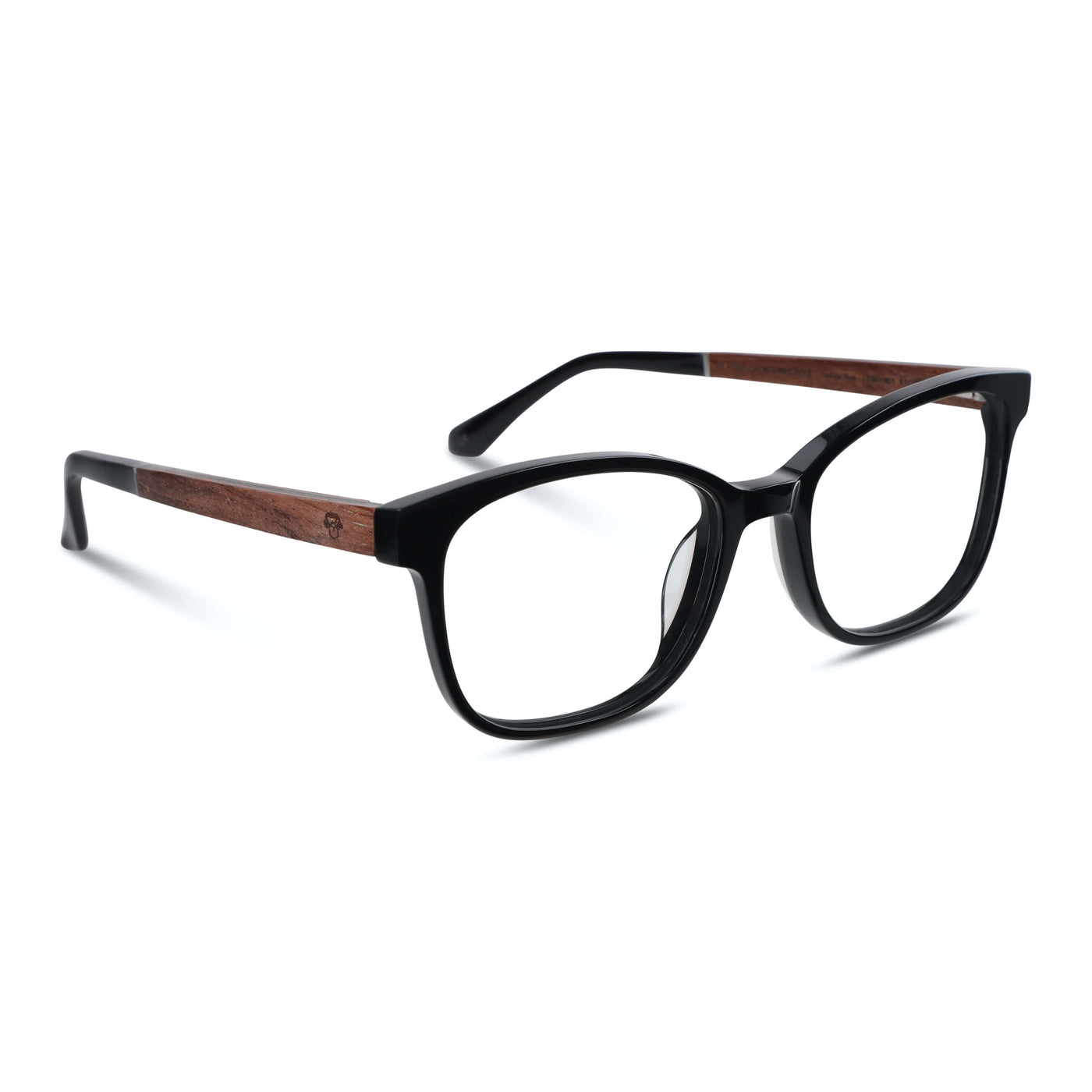armazones opticos agatados color negro con patas de madera reciclada sustentable para hombre y mujer de cara redonda grande. Vista lateral angulada
