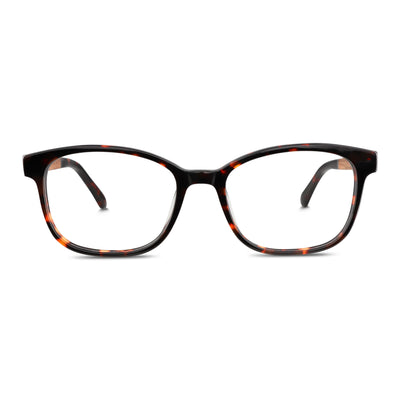 armazones opticos agatados color carey con patas de madera reciclada sustentable para hombre y mujer de cara redonda grande. Vista frontal
