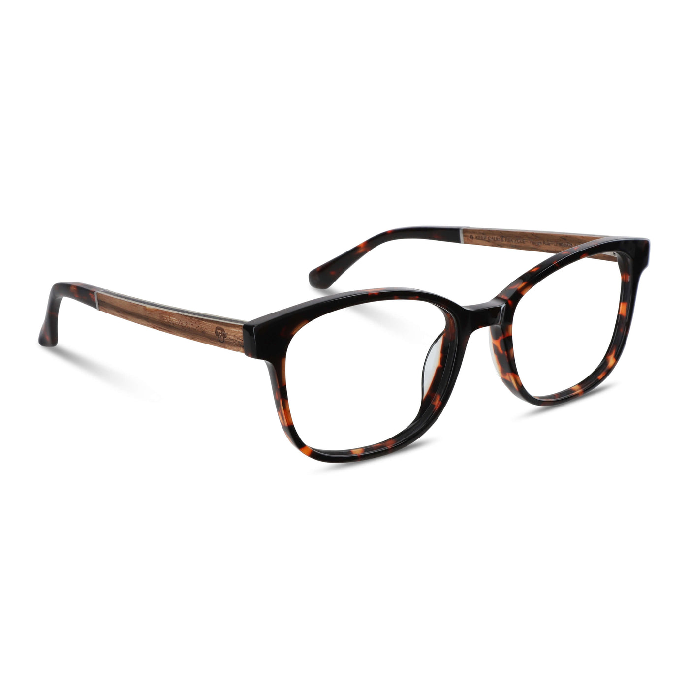 armazones opticos agatados color carey con patas de madera reciclada sustentable para hombre y mujer de cara redonda grande. Vista lateral angulada 
