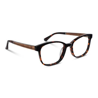 armazones opticos agatados color carey con patas de madera reciclada sustentable para hombre y mujer de cara redonda grande. Vista lateral angulada 