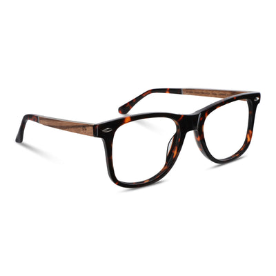 Acacia armazones anteojos ópticos con receta y filtro de luz azul de forma ovalada y color carey con patas de madera natural reciclada sustentable para hombre y mujer de cara redonda en color carey vista lateral