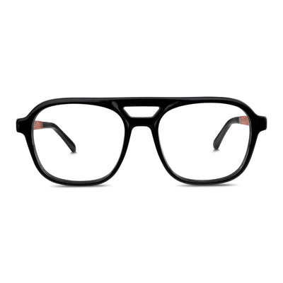 anteojos opticos para hombre y mujer diseño aviador color negro brillant con patas de madera reciclada sustentable vista frontal. Mayorista de opticas y distribuidor por mayor