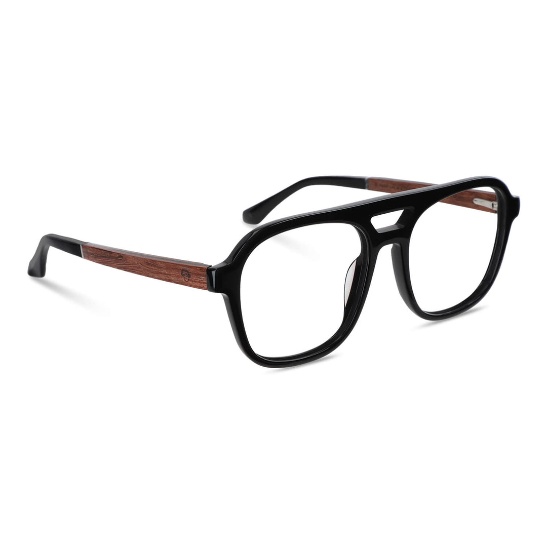 anteojos opticos para hombre y mujer diseño aviador color negro brillante con patas de madera reciclada sustentable vista frontal. Mayorista de opticas y distribuidor por mayor#color_negro