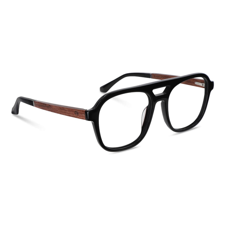 anteojos opticos para hombre y mujer diseño aviador color negro brillante con patas de madera reciclada sustentable vista frontal. Mayorista de opticas y distribuidor por mayor#color_negro