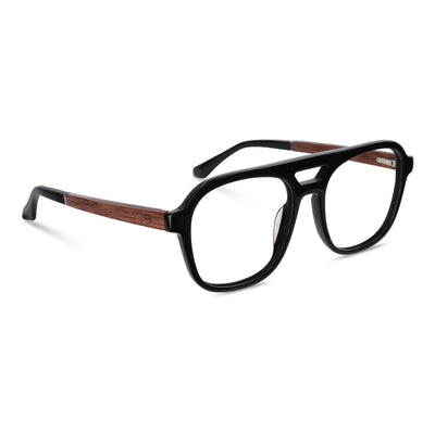 anteojos opticos para hombre y mujer diseño aviador color negro brillante con patas de madera reciclada sustentable vista frontal. Mayorista de opticas y distribuidor por mayor